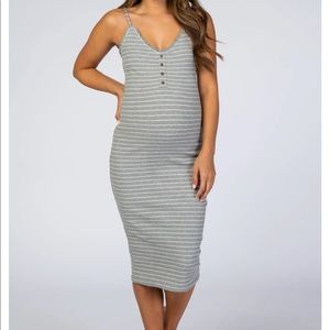 PinkBlush Heather Grey Striped Button Front Fitted Maternity Dress - LG
